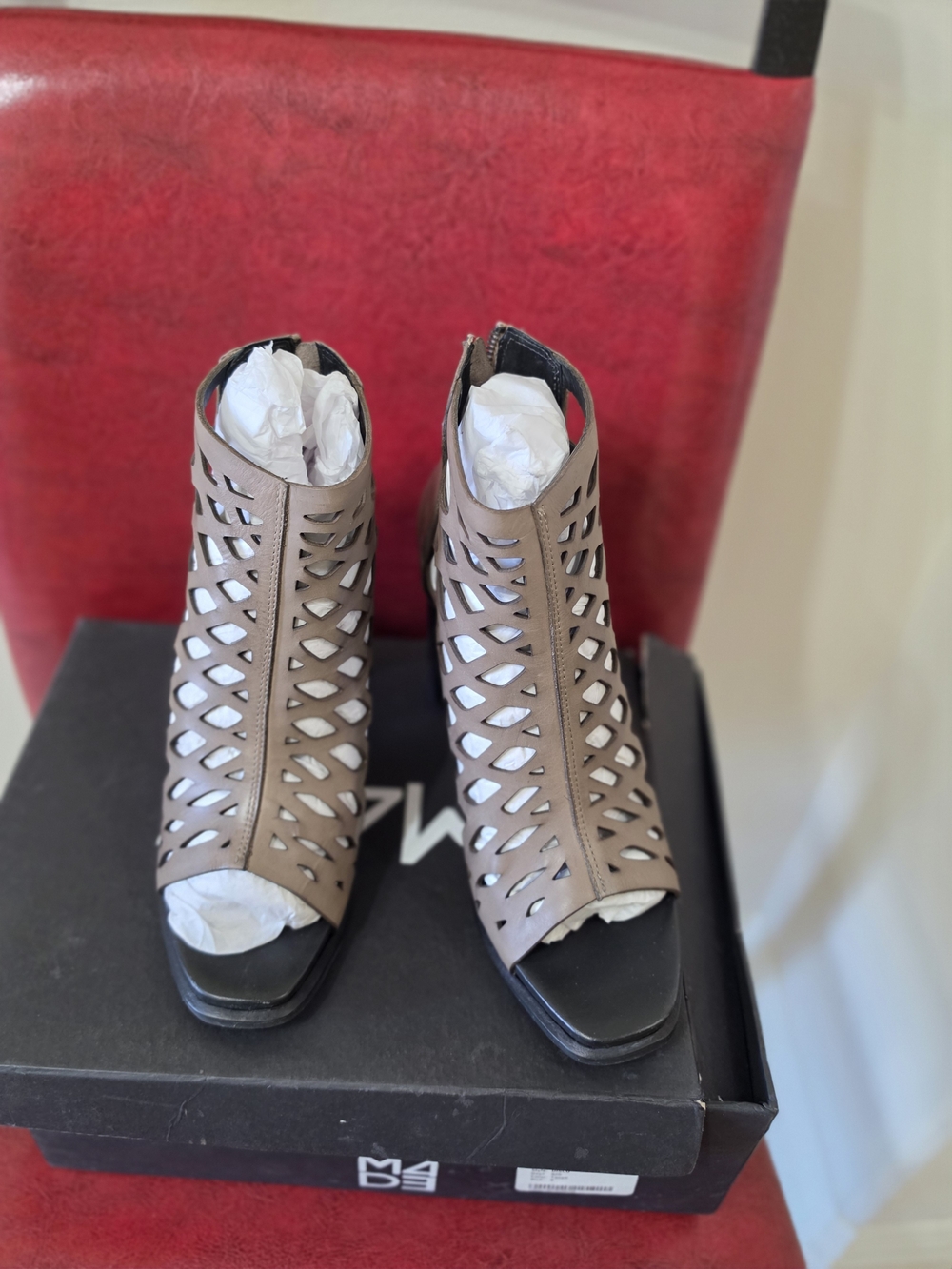 M4D3-Taupe Cutout Peep-Toe Ankle Booties - Women